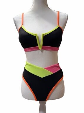 Popvil Women’s Black Ribbed High-Waist Bikini with Neon Trim